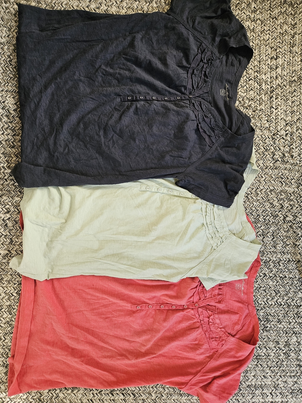Set Of 3 Eddie Bauer Ruffled Button-Front Tees in Pink Mint And Blue TXL